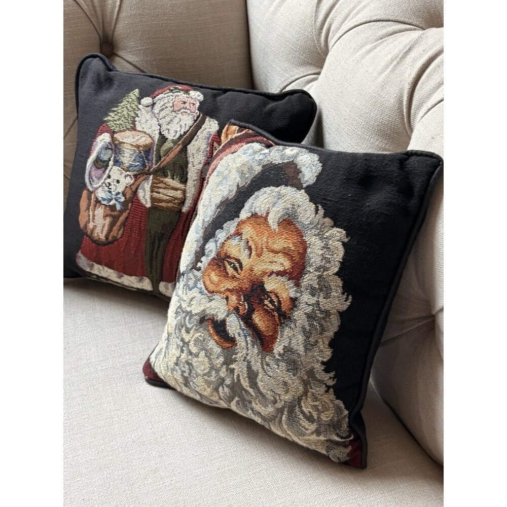 2 Santa Christmas Tapestry Pillows Black Background  Vintage Style 12” Each